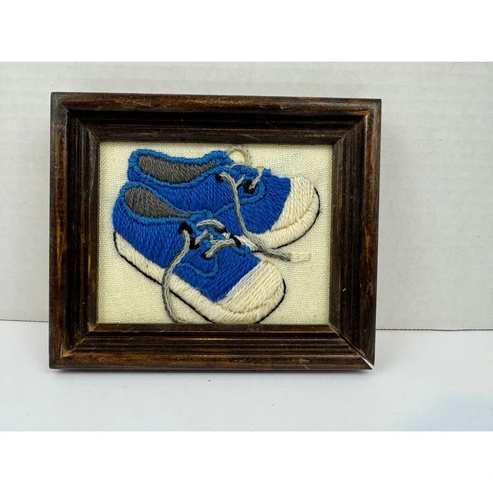 Vintage Crewel Embroidery Framed Wall Art Blue Sneakers Tennis Shoes Folk Art
